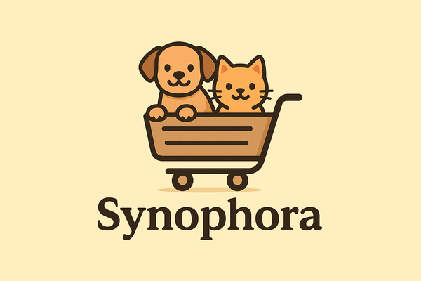 synophora logo with cute dog and cat in a cart with logo background light yellow